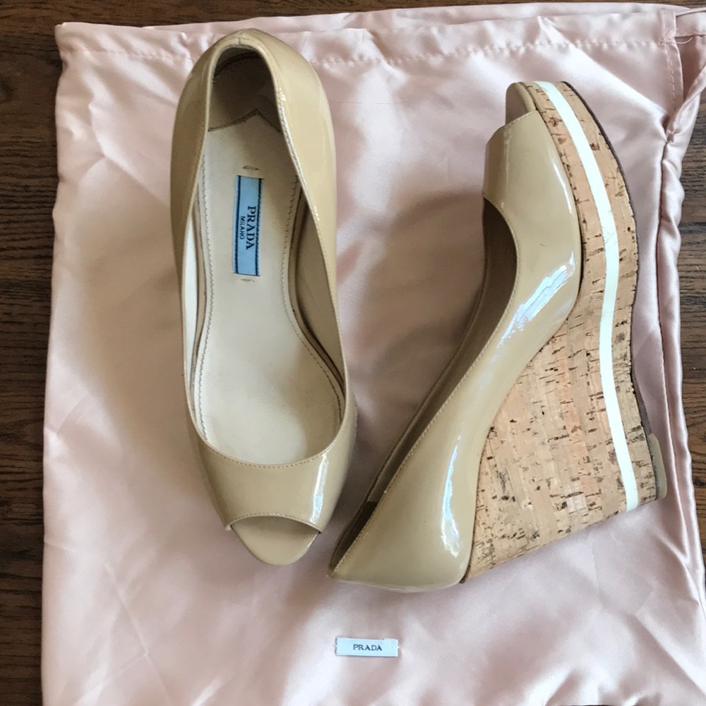 Prada Peep Toe Patent Nude Wedges